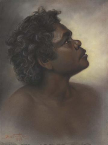 Artwork Head of an Aboriginal woman this artwork made of Pastel on composition board, created in 1899-01-01