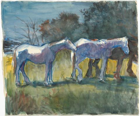 Artwork Two white and a brown horse this artwork made of Watercolour on paper, created in 1945-01-01