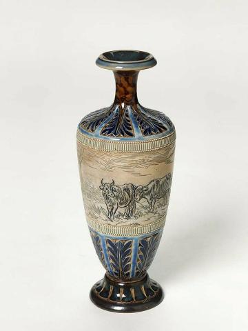 Artwork Vase this artwork made of Stoneware, incised with a continuous design of cattle with a farmgirl, rubbed blue and incised with stylised foliage.  Salt glazed, created in 1889-01-01