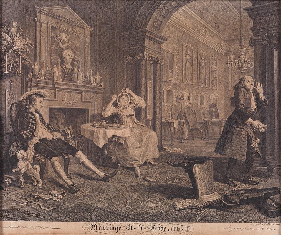 Artwork Marriage a la Mode, plate II. The breakfast scene this artwork made of Line and stipple engraving, etching on buff wove paper, created in 1745-01-01