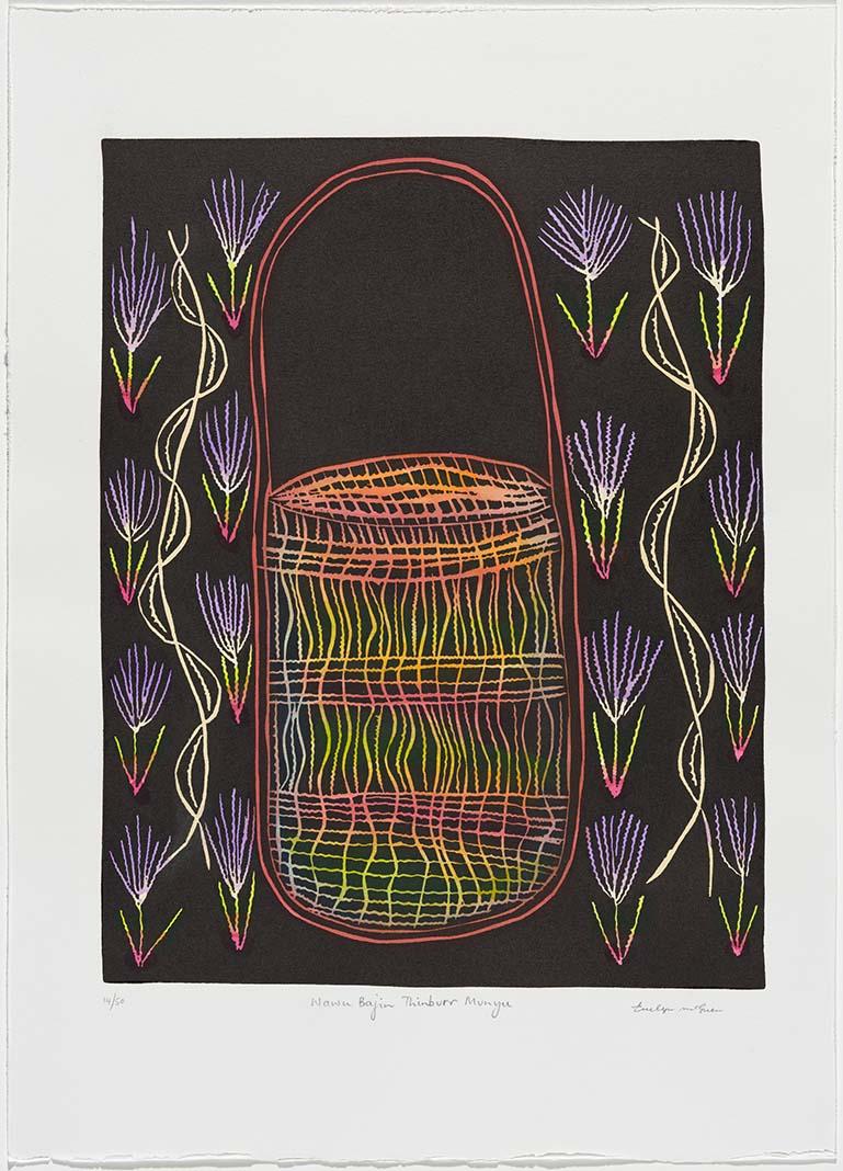 Artwork Wawu bajin thinburr munyu (Basket for windmill grass seeds for making damper) (from 'Wawu bajin (Spirit baskets)' portfolio) this artwork made of Hand-coloured linocut on paper, created in 2010-01-01