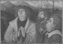 A view of Cranach the Elder's 'Three Apostles (a fragment of a larger work)' depicting three robed men looking up in awe, photographed under IR light.
