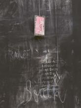 A detail view of one of the charcoal and pastel drawing on paper and blackboard duster Peter Kennedy's 'Blackboards with pendulums'.