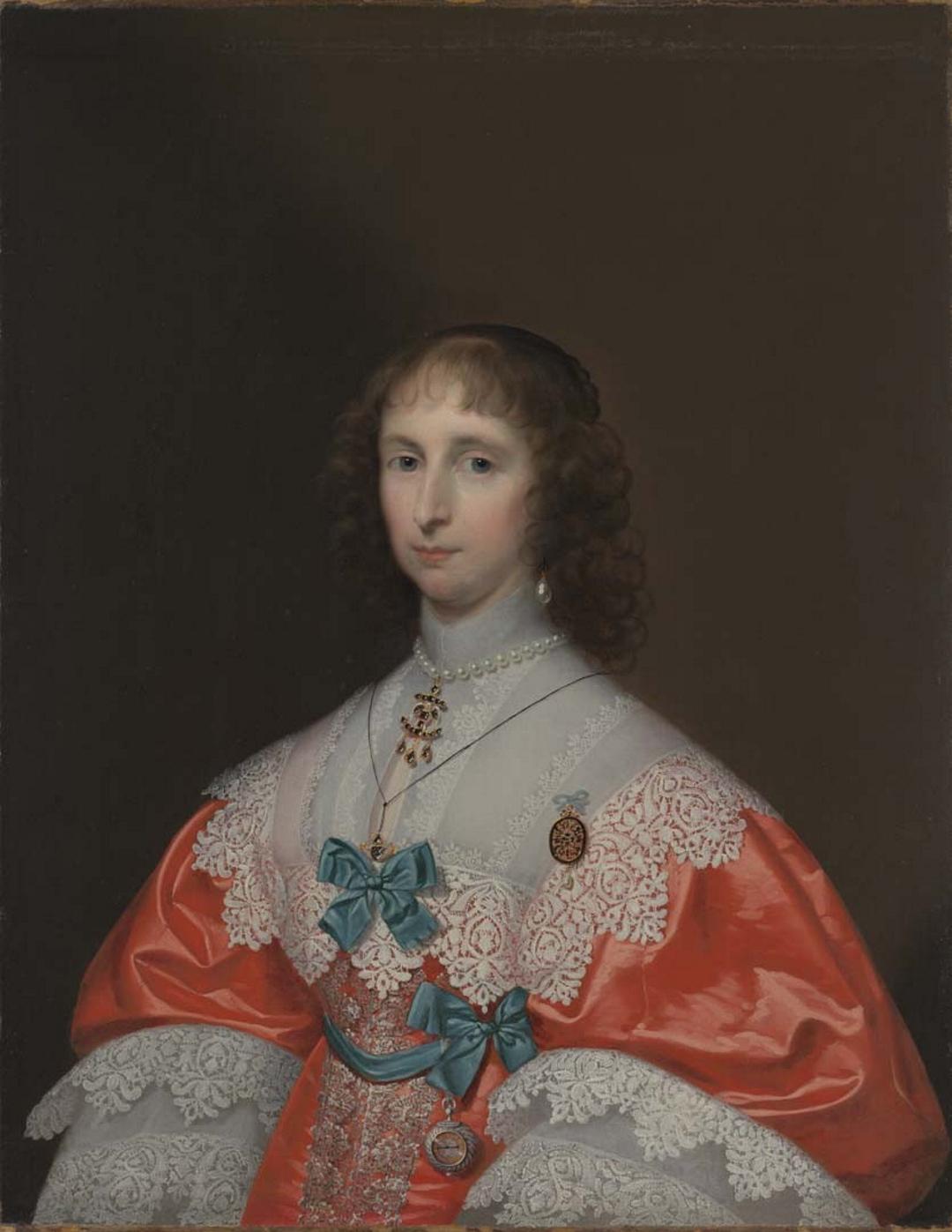 Slider: Near-infrared, Portrait of a lady, half length, in a red and white dress with blue bows c.1640 JANSSEN VAN CEULEN, Cornelius