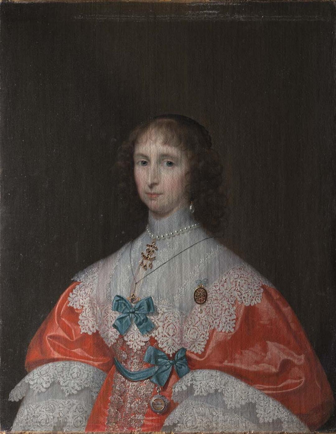 Slider: Raking light, Portrait of a lady, half length, in a red and white dress with blue bows c.1640 JANSSEN VAN CEULEN, Cornelius