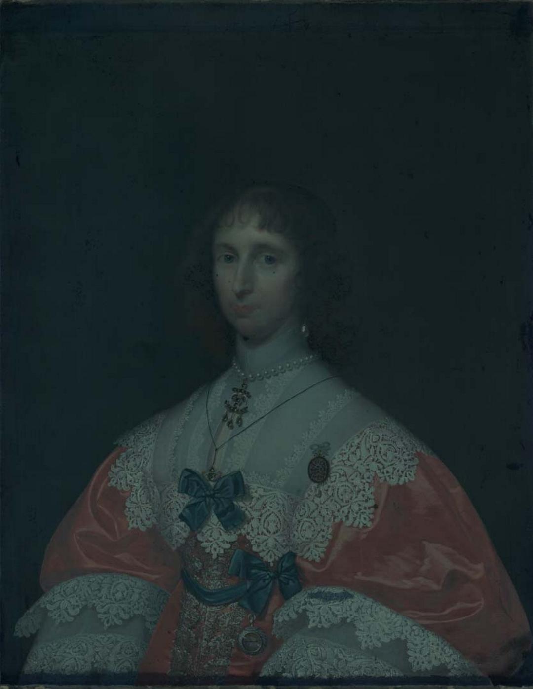 Slider: UV, Portrait of a lady, half length, in a red and white dress with blue bows c.1640 JANSSEN VAN CEULEN, Cornelius