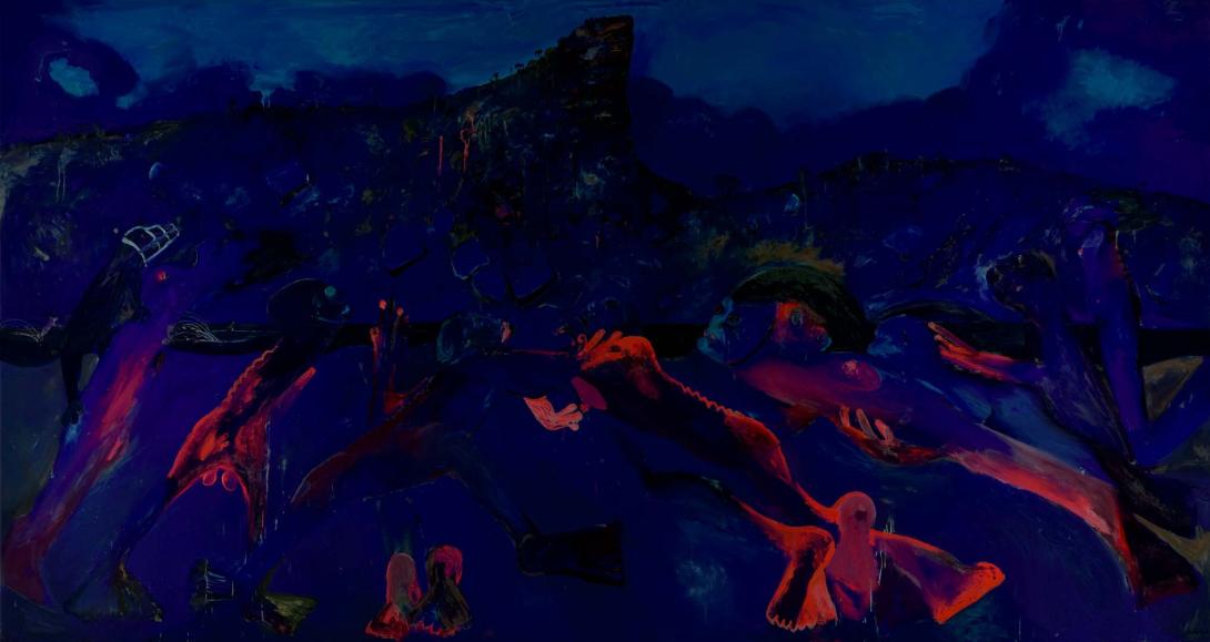 An oil painting of abstract humanoid and animalistic figures bathing together in the waters beside Pulpit Rock, Australia, photographed under UV light.