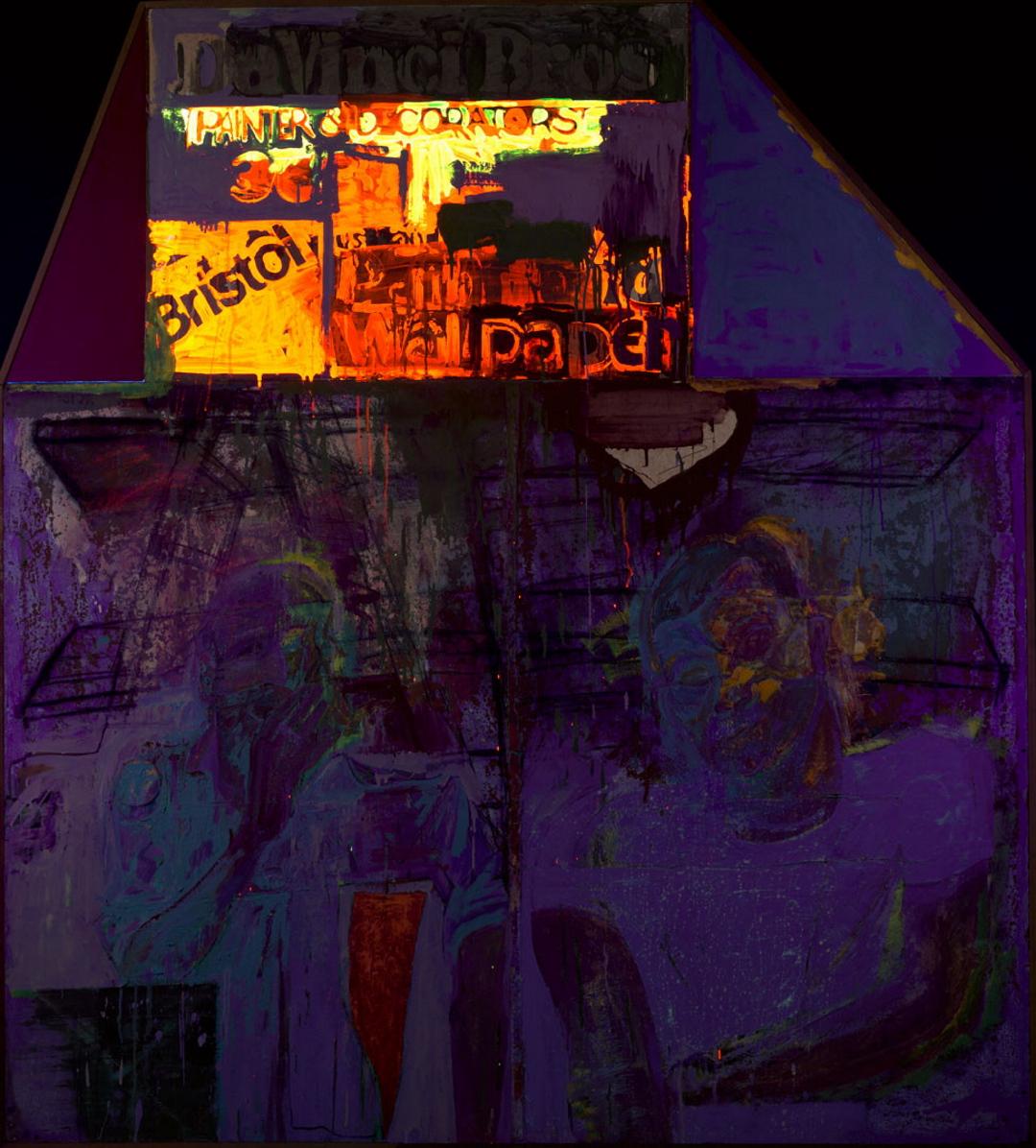 An asymmetrical oil painting on composition board of Ian Smith's 'The Da Vinci Bros. (Bob and Joe)' depicting two figures positioned underneath a sign for Da Vinci Bros, photographed under UV light.