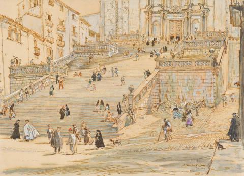 Artwork Sunday, cathedral steps, (Verona?) this artwork made of Watercolour, pencil, brush and ink and charcoal on cream laid paper