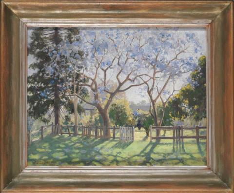 An oil painting depicting a jacaranda tree blooming in a backyard.