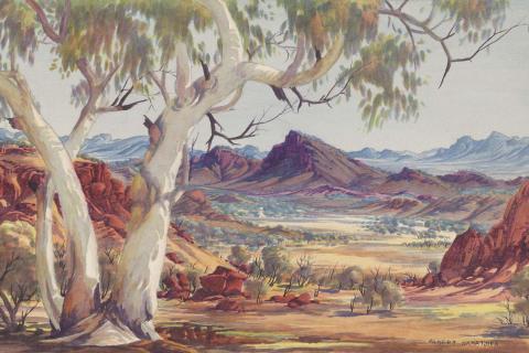 A watercolour painting of a Central Australian landscape.