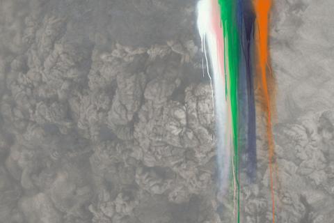 A detail view of a painting depicting thick grey clouds of smoke.