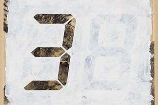 A detail view of a work with a whitewashed background; the number 3 is very clear, and a number 8 is barely visible.