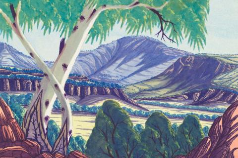 A watercolour painting of a Central Australian landscape.