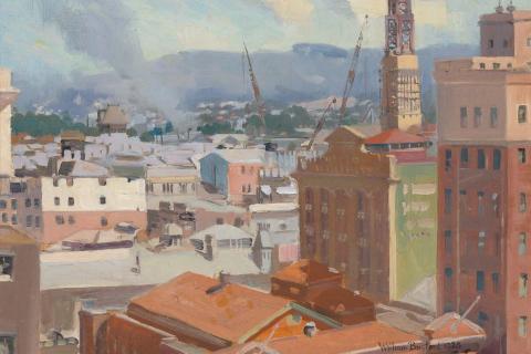 A detail view of an oil painting depicting Brisbane city in the 1930s.