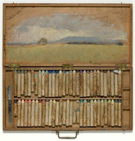 Artwork (Paint box with oil sketch) this artwork made of Timber paint box with 62 oil paint sticks, metal sharpeners and oil sketch on wood panel lid, created in 1890-01-01