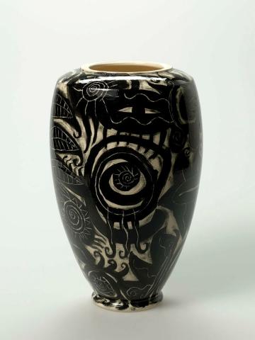 Artwork Vase this artwork made of Earthenware, wheelthrown white clay with underglaze black decoration and clear glaze, created in 1992-01-01