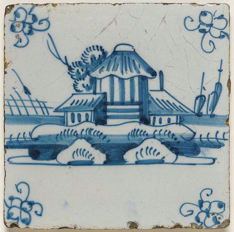 Artwork Tile:  (Landscape with buildings and boats and 'spider-bee' motif) this artwork made of Earthenware, slab rolled and tin glazed with cobalt decoration, created in 1650-01-01