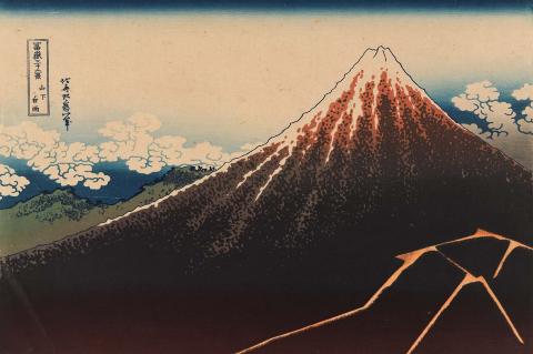 Artwork Sanka haku-u (Rainstorm beneath the summit) (Clouds in the distance and lightning at the foot of the dark mountain) (no. 3 from 'Fugaku Sanju-Rokkei' (Thirty-six views of Mt Fuji) series) (reprint) this artwork made of Colour woodblock on paper, created in 1929-01-01