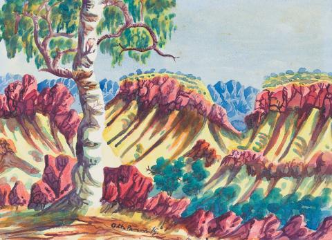 Vibrant watercolour painting of the central Australian desert