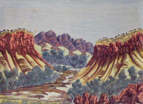 Vibrant watercolour painting of the central Australian desert