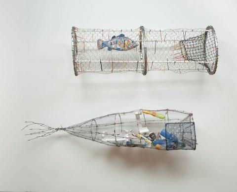 Artwork Once were Fishermen II this artwork made of Wire mesh, bicycle tyre frames, PVC piping, cable ties, netting, food packaging, created in 2014-01-01