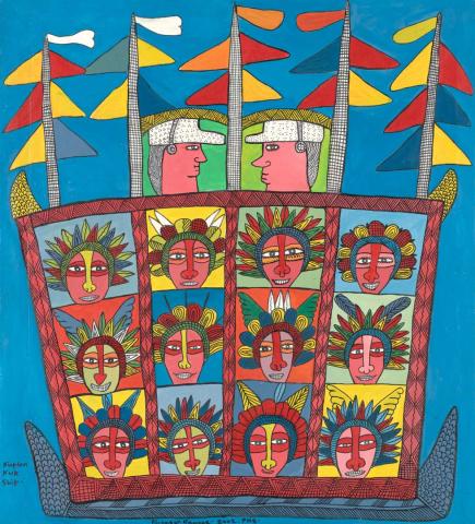 A colourful scene, with a boat-like circus with many faces facing forward