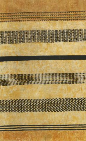 Artwork Untitled (yellow with black designs) this artwork made of Wauke (paper mulberry, Broussonetia papyfera) fiber, kukui (candle nut), Olena (turmeric Curcumin), created in 2021-01-01