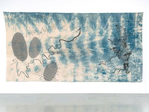 Artwork Moreton bay rivers, Australian temperature chart, freshwater mussels, net, spectrogram this artwork made of Indigo dye, graphite, synthetic polymer paint, waxed linen thread and pastel on cotton
, created in 2022-01-01