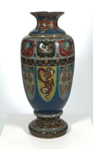 Artwork Massive cloisonné urn this artwork made of Elaborately decorated with alternating panels of birds at the shoulder and floral motifs around the body in the cloisonné technique, created in 1875-01-01