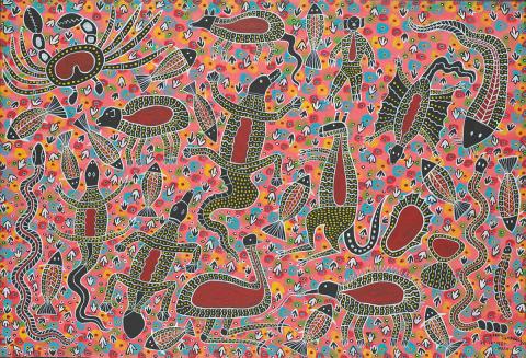 Artwork Aboriginal bush tucker this artwork made of Synthetic polymer paint on canvas, created in 1987-01-01