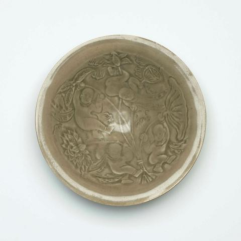 Artwork Dish with boys clutching lotus stems this artwork made of Stoneware, celadon glaze, created in 1966-01-01