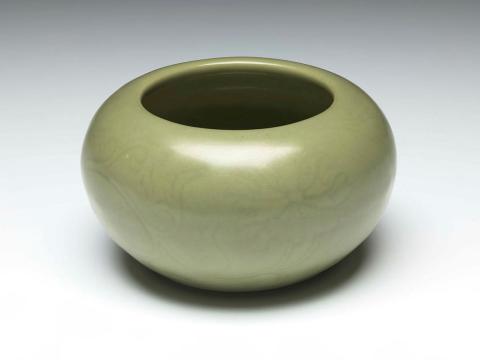 Artwork Bowl with chrysanthemum and scrolling vine this artwork made of Stoneware, celadon glaze, created in 1900-01-01