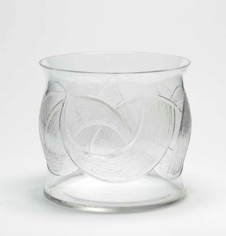 Artwork Bowl this artwork made of Clear glass with swelling body waisted at the base and rim.  Moulded stirated circular design around middle, created in 1960-01-01