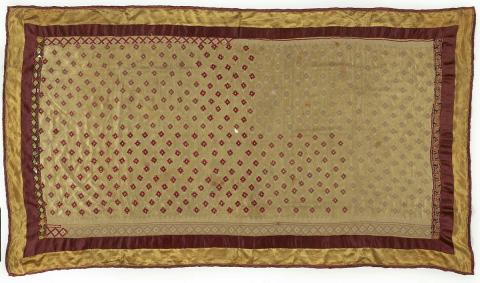 Artwork Runner this artwork made of Wide centre field with woven stitch embroidery on light green silk with embroidered black and maroon and lime green bands surrounding, created in 1900-01-01