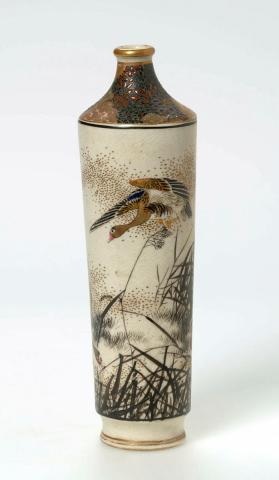 Artwork Vase this artwork made of Tall cylindrical cream stoneware shape with narrow neck with overglaze decoration of birds and gilt, created in 1900-01-01