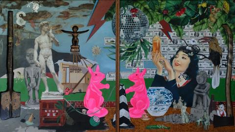 A painting with a collage-like accumulation of imagery, from the Statue of David to pink bunnies to an old fashioned-looking lady holding a beer.