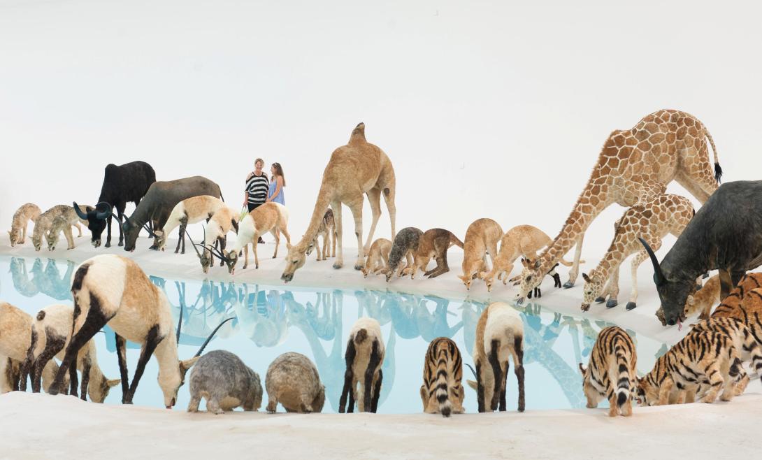 An installation of life-size animals drinking at a waterhole, with visitors in background