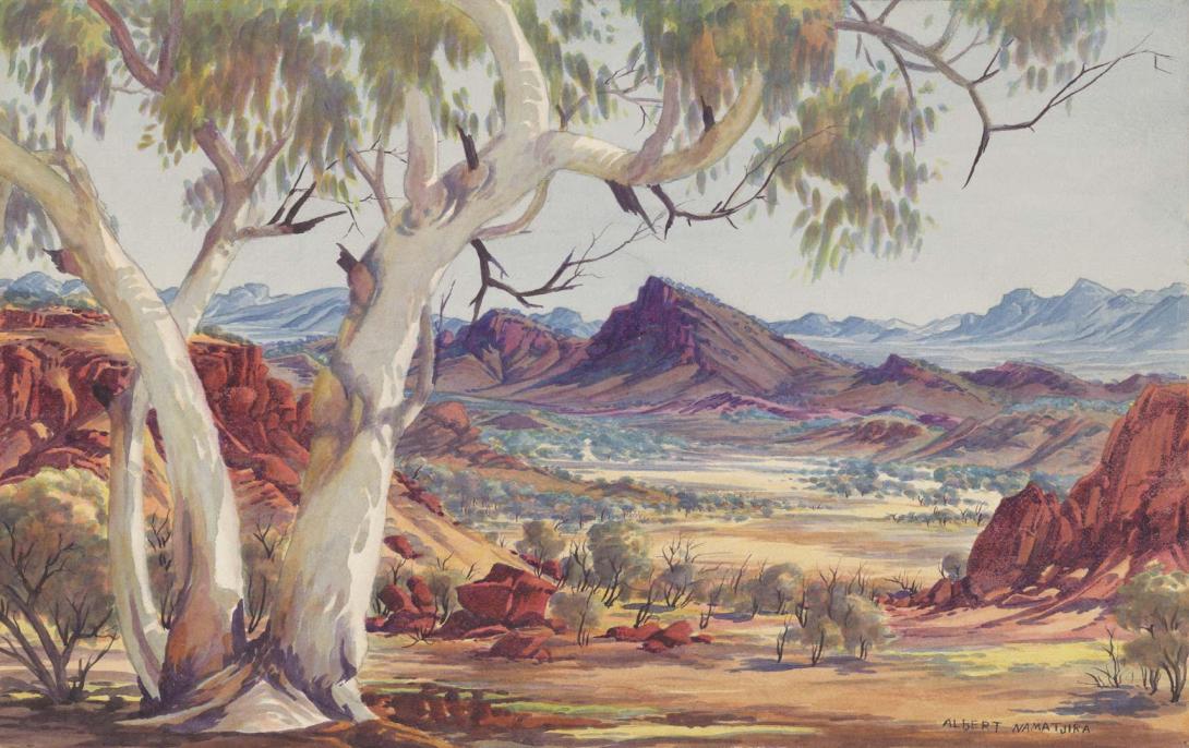 An oil painting of a Central Australian landscape, with a gum tree in the foreground.
