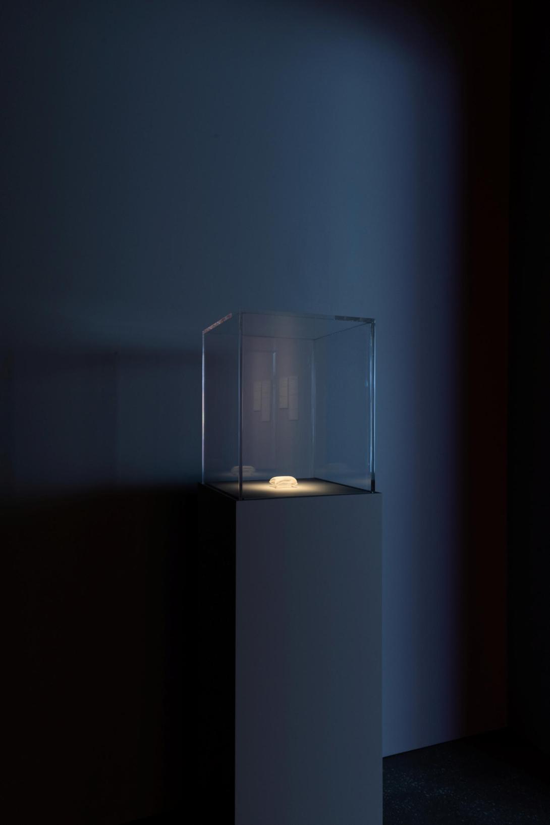An installation view of a tiny pillow in a glass vitrine in a dark gallery space.