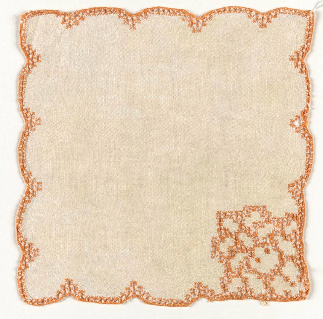 Artwork Supper cloth and six serviettes this artwork made of Linen embroidered with orange thread in eyelet work, created in 1930-01-01
