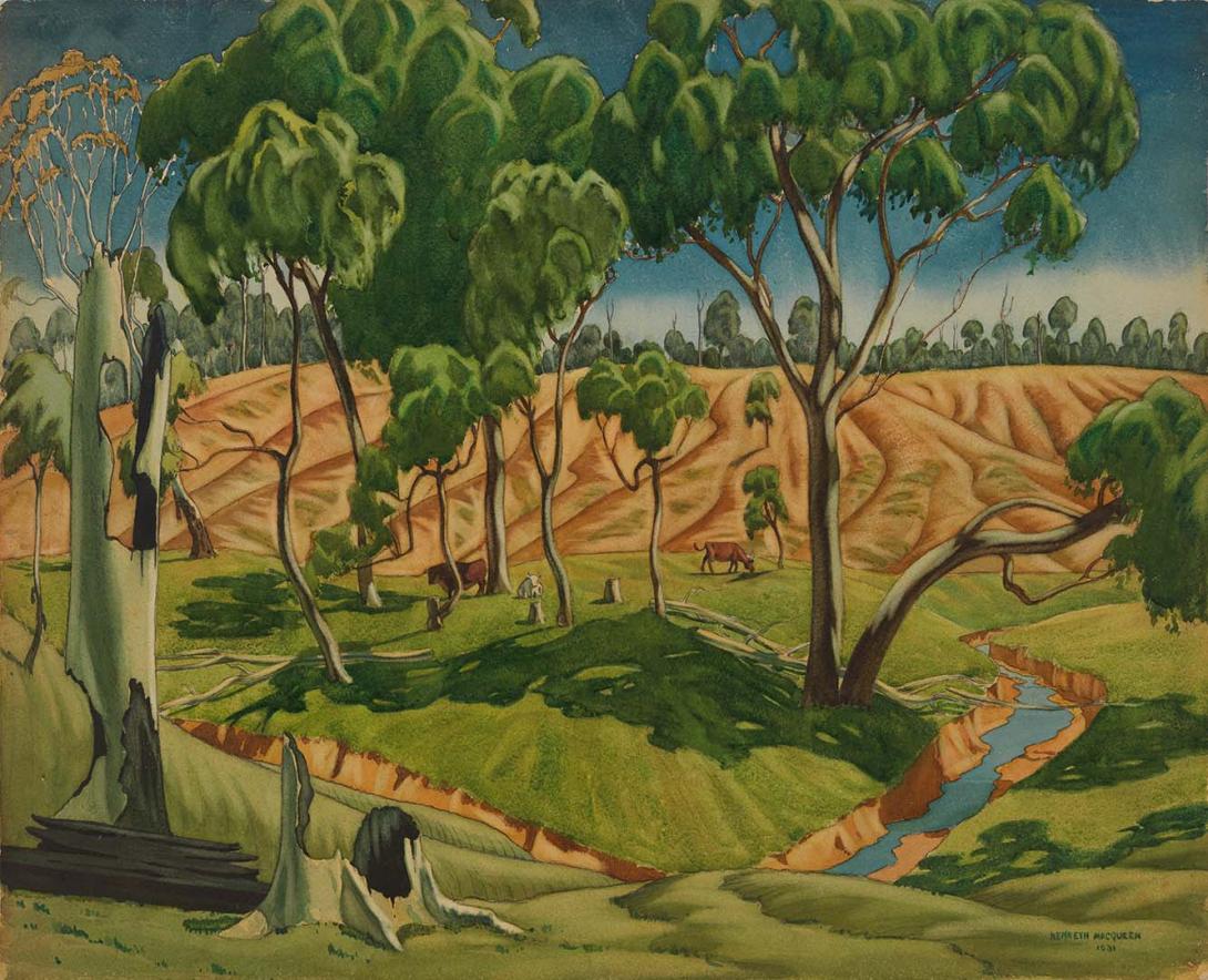 Artwork (Cattle and creek) this artwork made of Watercolour over pencil on paper, created in 1931-01-01