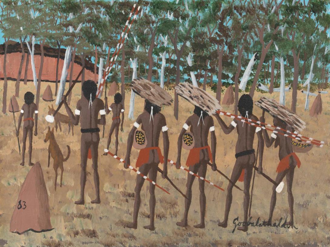 Artwork Tribe on the move in the past, Cape York this artwork made of Oil on board, created in 1983-01-01