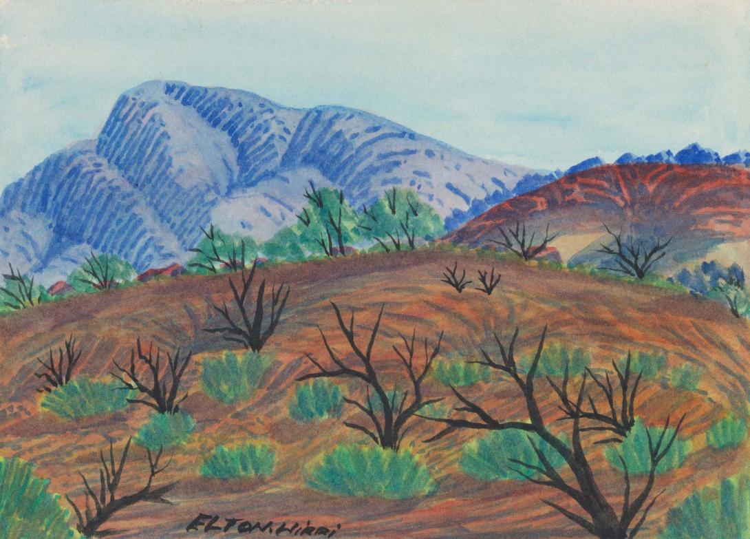 Artwork MacDonnell Ranges this artwork made of Watercolour on paperboard, created in 2008-01-01
