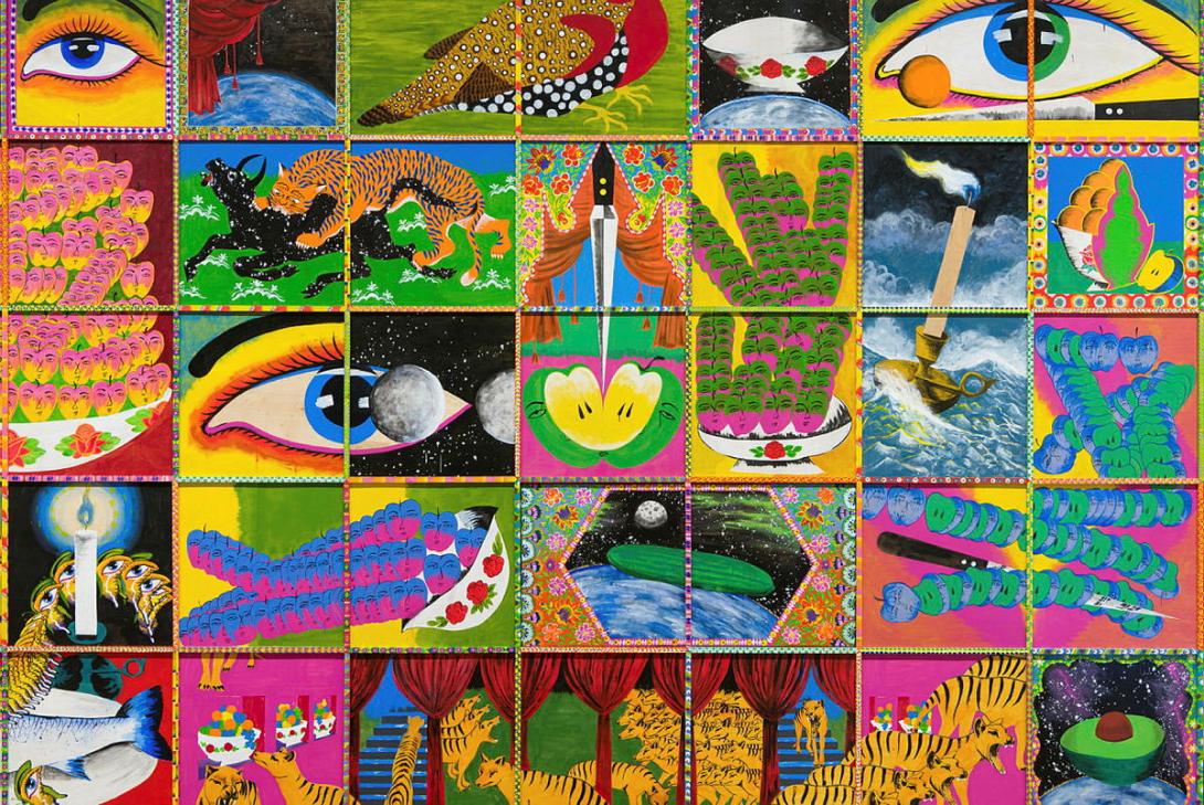 A brightly coloured, large-scale mural.