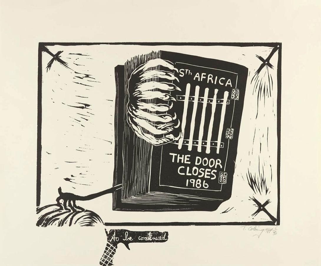 Artwork South Africa - the door closes 1986 - to be continued this artwork made of Linocut and woodcut on wove paper, created in 1987-01-01